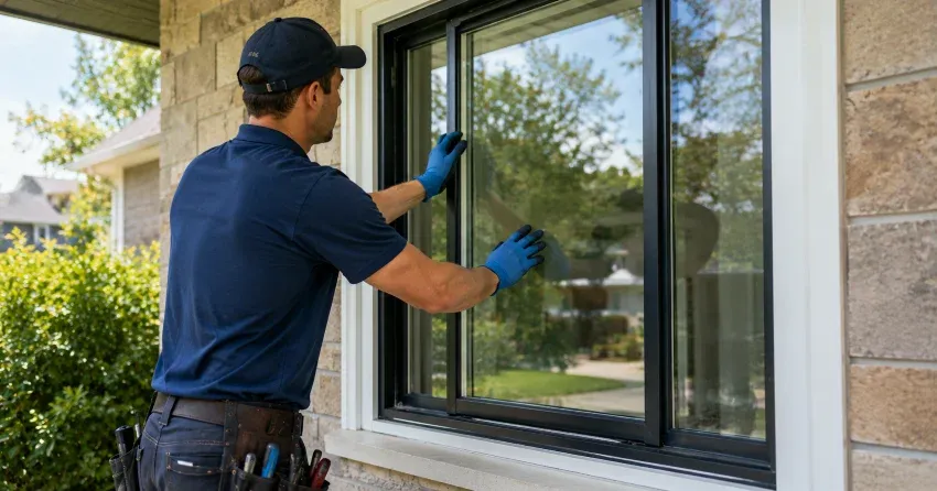 technician measuring a broken window pane for replacement in Bay Beach, Fort Erie