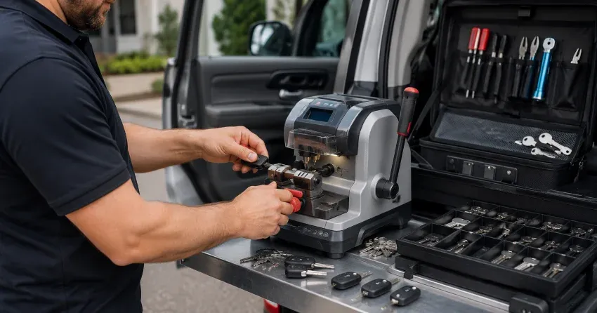 technician cutting a replacement car door lock key in Spears, Fort Erie