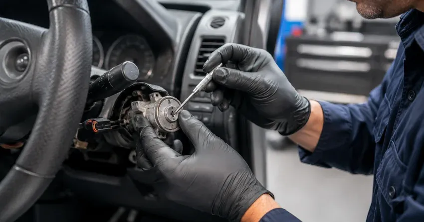 technician diagnosing an ignition lock repair issue in Abino Hills, Fort Erie