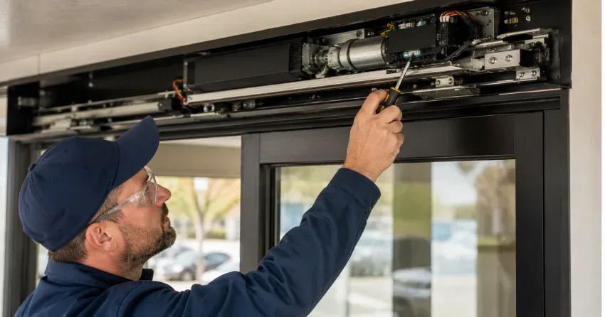 technician completing automatic door repair on residential property in Bridgeburg, Fort Erie