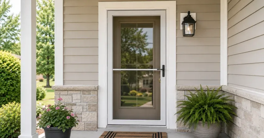 technician hanging storm door square and plumb in High Pointe, Fort Erie