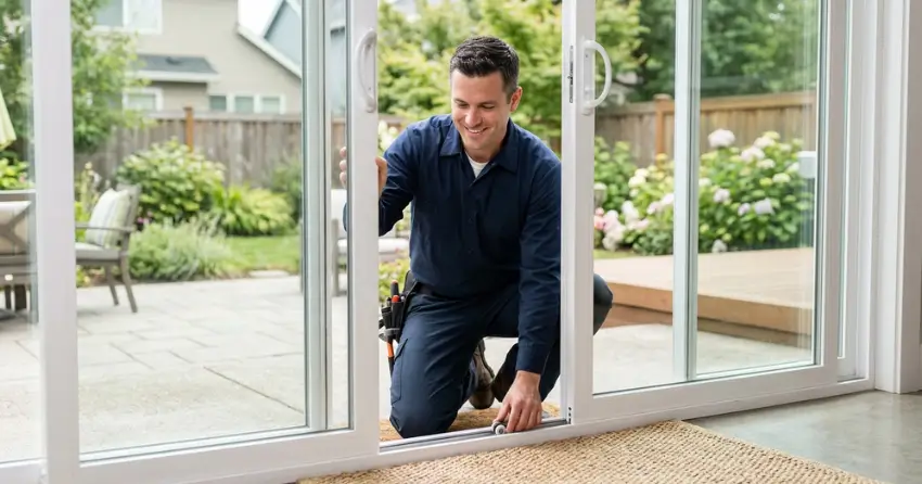 technician diagnosing a sticking patio door in Fort Erie