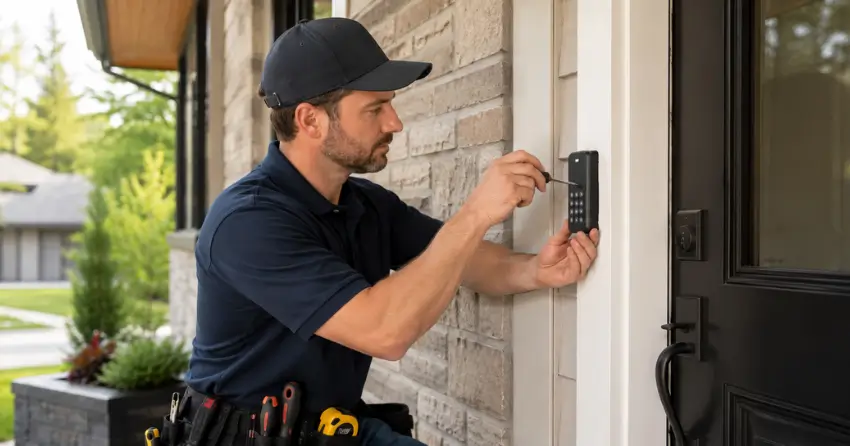Technician installing an access control system keypad beside a residential front door in Ridgeway, Fort Erie