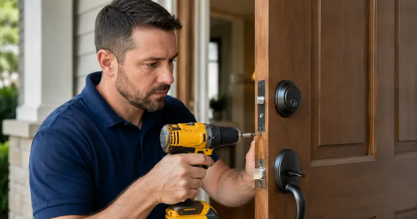 technician installing a new deadbolt during Change Door Lock High Pointe, Fort Erie service