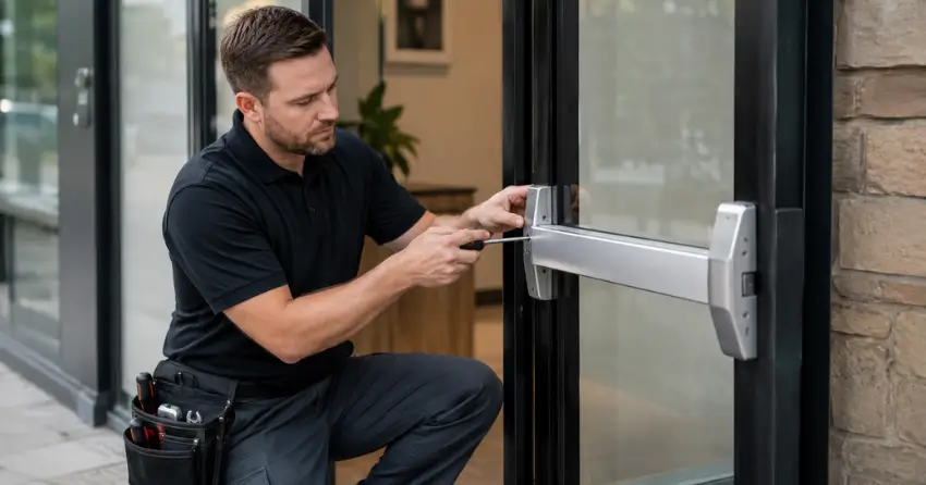 commercial locksmith repairing exit device on storefront door High Pointe, Fort Erie