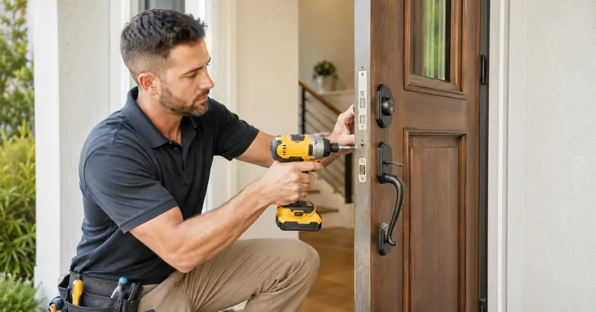 locksmith installing new deadbolt lock on front door in Fort Erie
