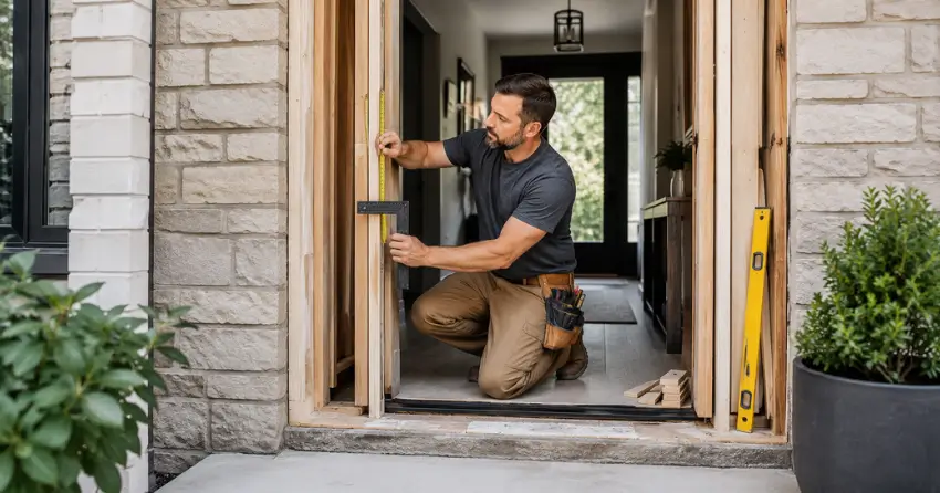 exterior door installer assessing rough opening in Fort Erie