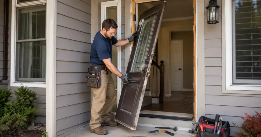 old exterior door being removed for replacement in Abino Hills, Fort Erie