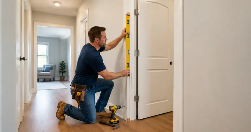 technician installing a pre-hung interior door in a home hallway Fort Erie