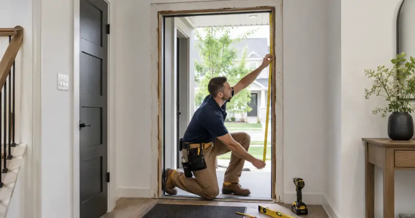 technician measuring a door frame before new door installation in Fort Erie