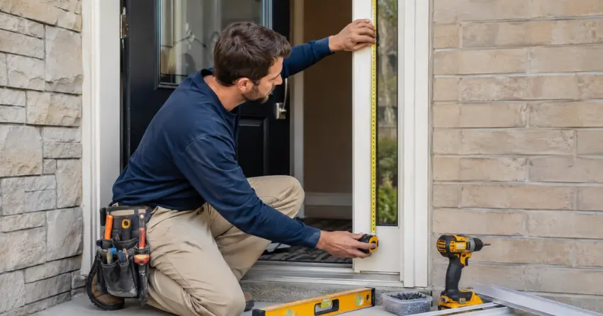 technician measuring door frame before storm door install in Central Fort Erie, Fort Erie