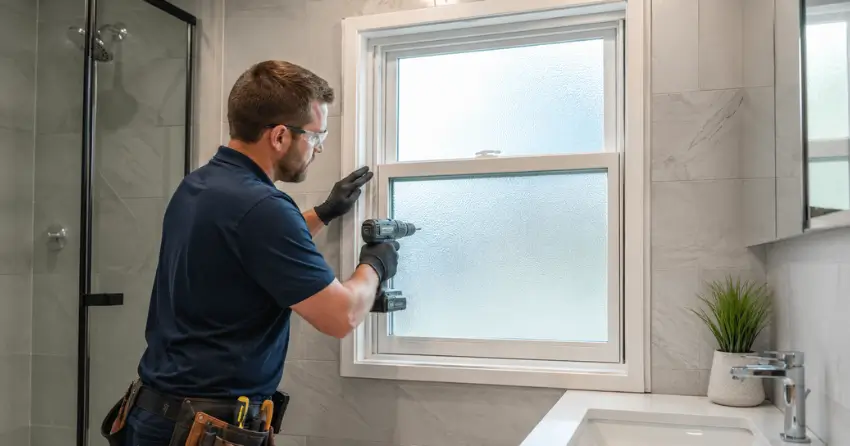 frosted glass installation bathroom window in Southend, Fort Erie