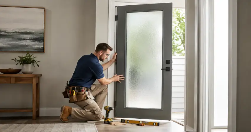 glass panel door installation with frosted privacy glass in residential setting in Fort Erie North, Fort Erie