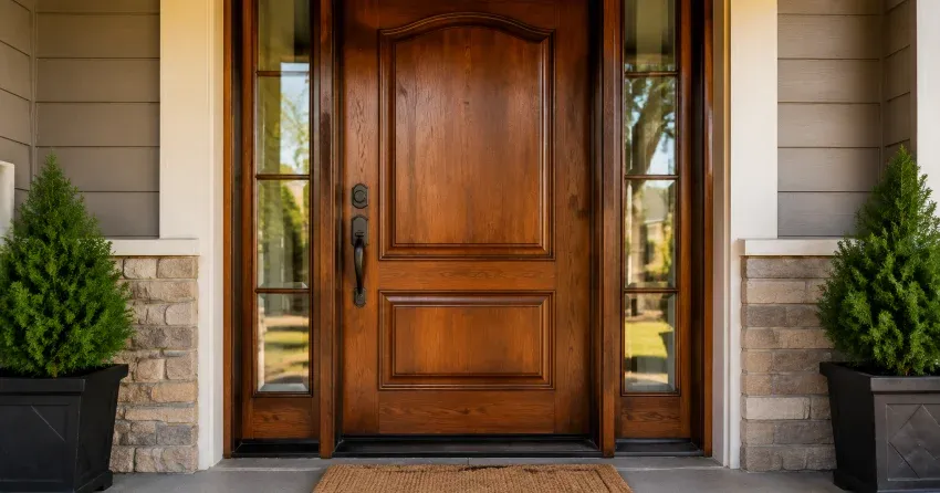 wood door mid-restoration showing stripped bare wood in Fort Erie