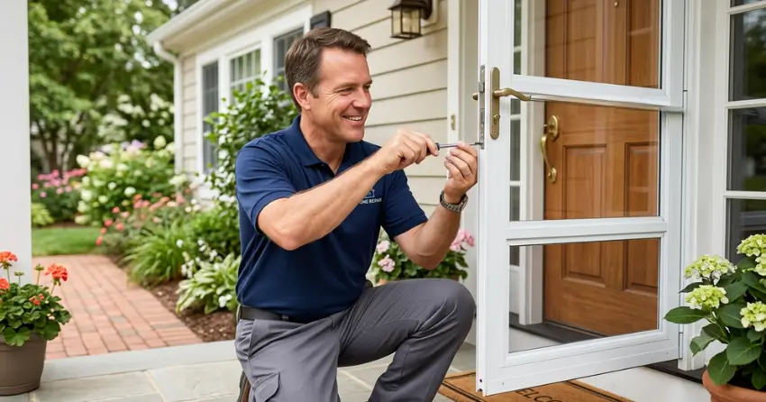 technician adjusting storm door hinge and closer in Ridgeway, Fort Erie
