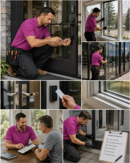 A technician demonstrating the finished operation of a repaired entry door